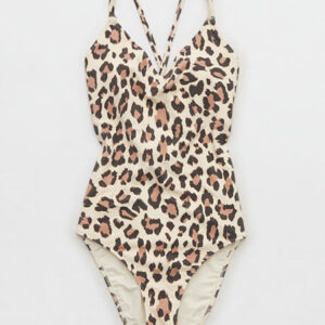 Aerie Buzzed Terry Leopard Strappy Back One Piece Swimsuit Women's Vintage Vanilla S