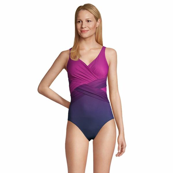 Women's Lands' End SlenderSuit DD-Cup Surplice One-Piece Swimsuit, Size: 14 Dd, Purple Navy Ombre