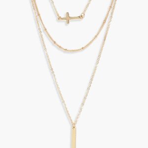 Womens Layered Cross And Bar Necklace - Gold - One Size, Gold