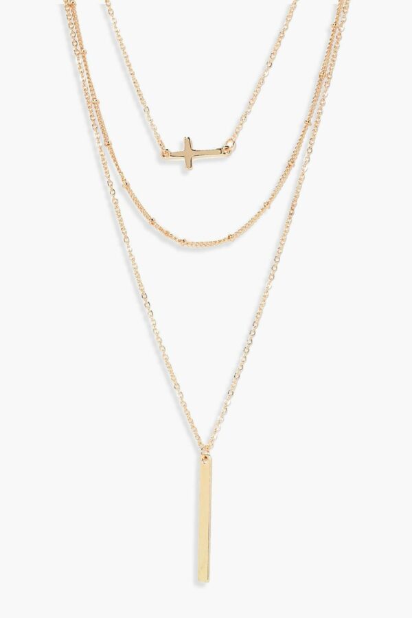 Womens Layered Cross And Bar Necklace - Gold - One Size, Gold