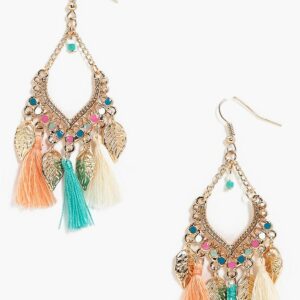 Womens Leaf Charm Tassel Detail Earrings - Gold - One Size, Gold