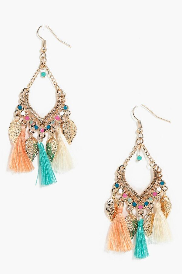 Womens Leaf Charm Tassel Detail Earrings - Gold - One Size, Gold