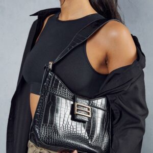 Womens Leather Look Croc Buckle Shoulder Bag - black - One Size, Black