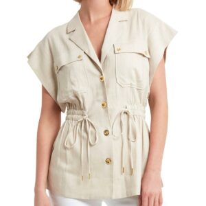 Womens Linen Blend Cinch Waist Utility Jacket