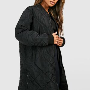 Womens Longline Quilted Bomber Jacket - Black - 10, Black