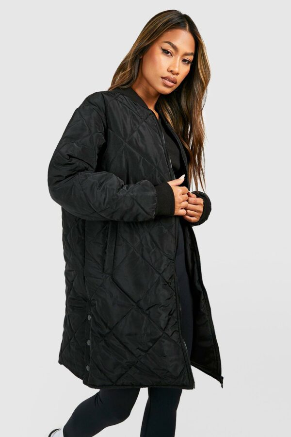 Womens Longline Quilted Bomber Jacket - Black - 10, Black