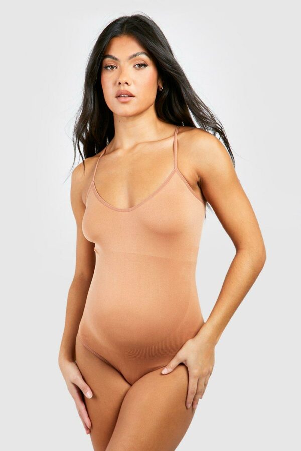 Womens Maternity Bump Support Sculpt Shapewear One Piece - Beige - S