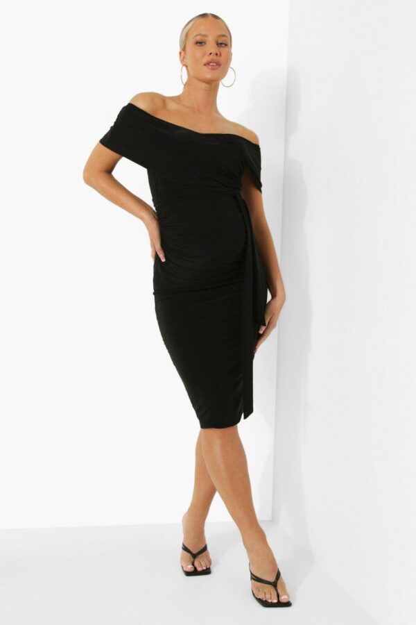 Womens Maternity Off The Shoulder Tie Waist Dress - Black - 4