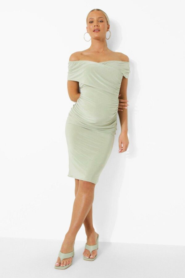 Womens Maternity Off The Shoulder Tie Waist Dress - Green - 4