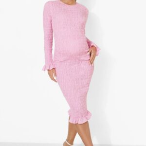 Womens Maternity Shirred Long Sleeve Midi Dress - Pink - 6