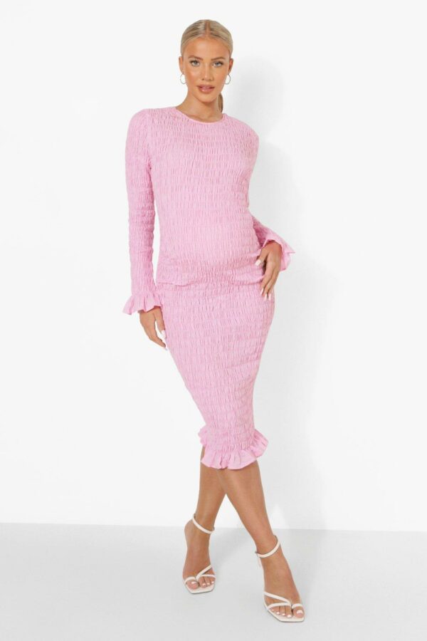 Womens Maternity Shirred Long Sleeve Midi Dress - Pink - 6