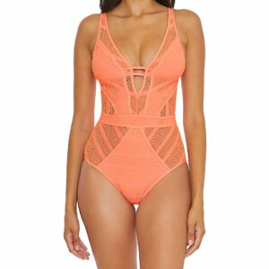 Becca Women's Color Play Show & Tell Plunge One Piece Swimsuit in Orange (711037) | Size Medium | HerRoom.com