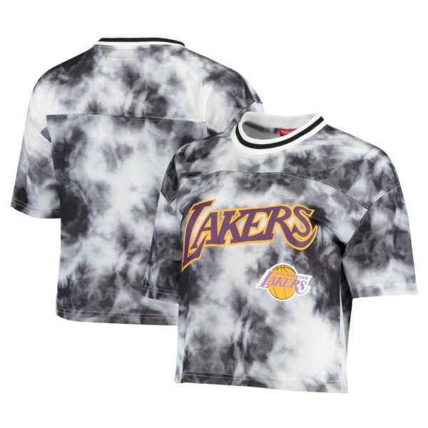 Women's Mitchell & Ness Black/White Los Angeles Lakers Hardwood Classics Tie-Dye Cropped T-Shirt