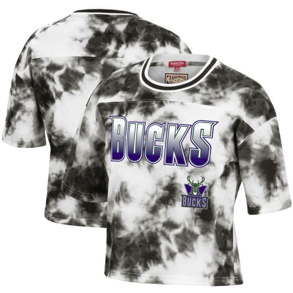 Women's Mitchell & Ness Black/White Milwaukee Bucks Hardwood Classics Tie-Dye Cropped T-Shirt