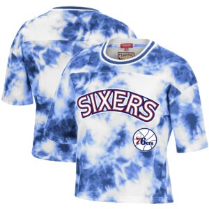 Women's Mitchell & Ness Royal/White Philadelphia 76ers Hardwood Classics Tie-Dye Cropped T-Shirt