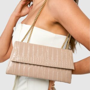 Womens Nude Croc Structured Crossbody Chain Bag - Beige - One Size, Beige