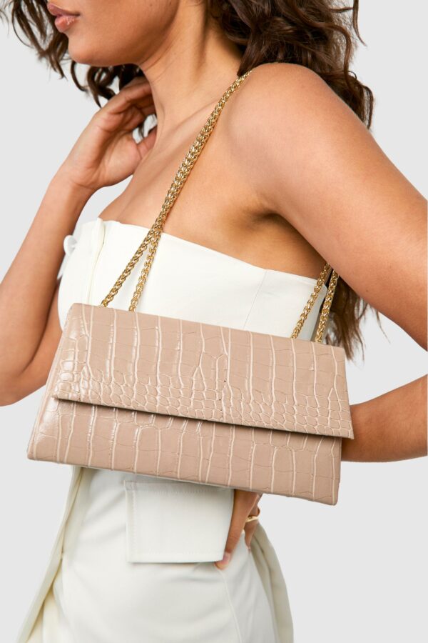 Womens Nude Croc Structured Crossbody Chain Bag - Beige - One Size, Beige