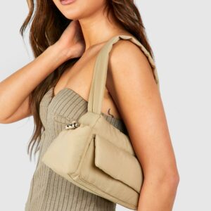 Womens Nylon Cargo Pocket Detail Shoulder Bag - Beige - One Size, Beige