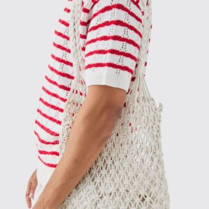 Womens Open Knit Crochet Tote Bag In White - One Size, White