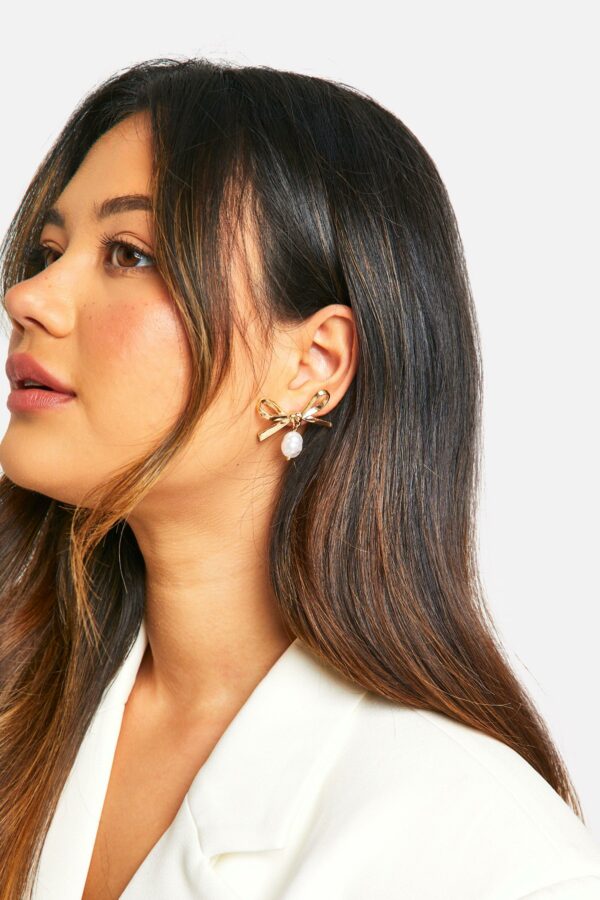 Womens Oversized Bow Pearl Drop Earrings - Gold - One Size, Gold