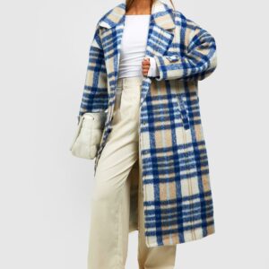 Womens Oversized Check Wool Look Coat - Blue - 14, Blue