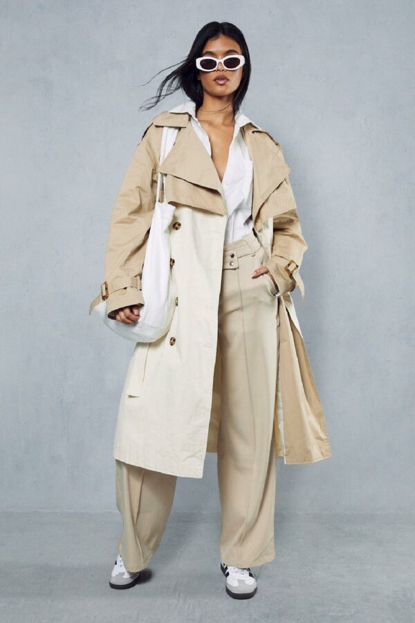 Womens Oversized Contrast Tonal Trench Coat - beige - 6, Beige