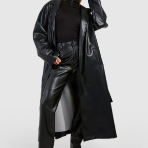 Womens Oversized Faux Leather Belted Trench Coat - Black - 8, Black