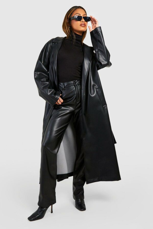 Womens Oversized Faux Leather Belted Trench Coat - Black - 8, Black