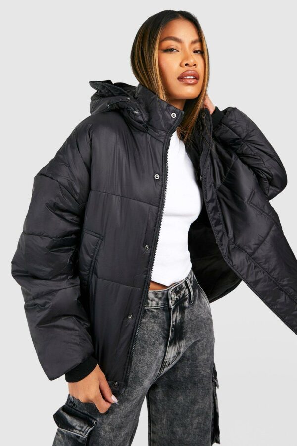 Womens Oversized Hooded Puffer Jacket - Black - 10, Black