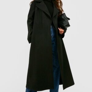 Womens Oversized Maxi Wool Look Coat - Black - 14, Black