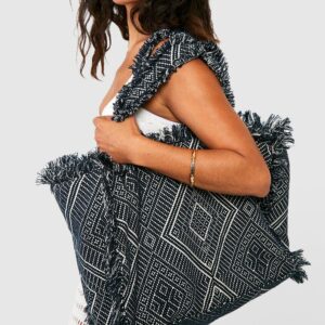 Womens Oversized Woven Beach Tote Bag - Black - One Size, Black