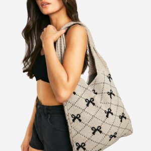 Womens Patterned Bow Knitted Tote Bag - Black - One Size, Black