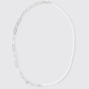 Womens Pearl And Chain Mix Metal Necklace In Silver - Grey - One Size, Grey