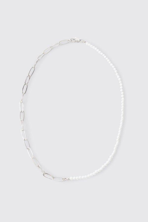 Womens Pearl And Chain Mix Metal Necklace In Silver - Grey - One Size, Grey