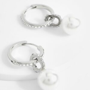 Womens Pearl Drop Diamante Hoop Earrings - Grey - One Size, Grey