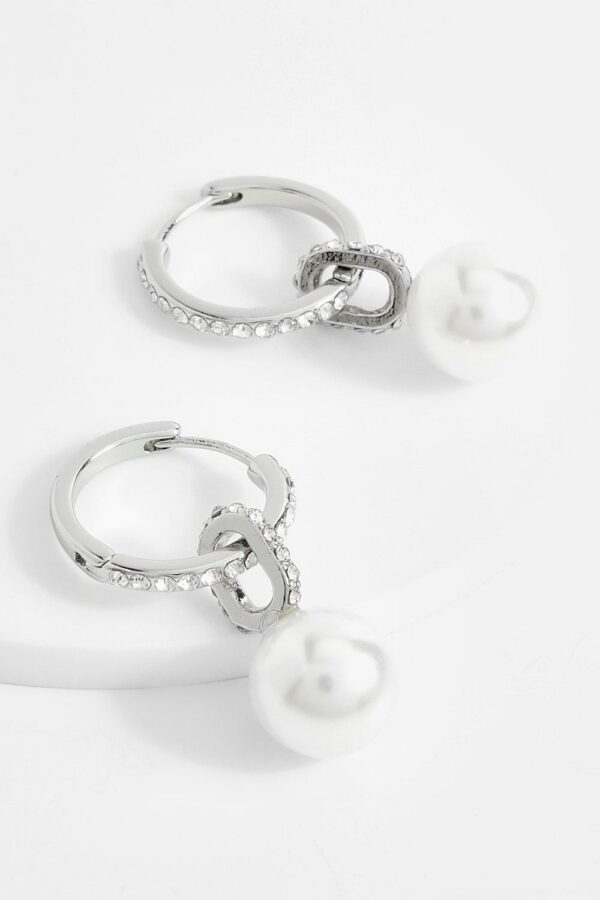 Womens Pearl Drop Diamante Hoop Earrings - Grey - One Size, Grey