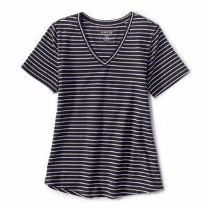 Women's Perfect Eco-Friendly Relaxed V-Neck T-Shirt Oatmeal/Black Mini Brenton Stripe Size Small Cotton Orvis