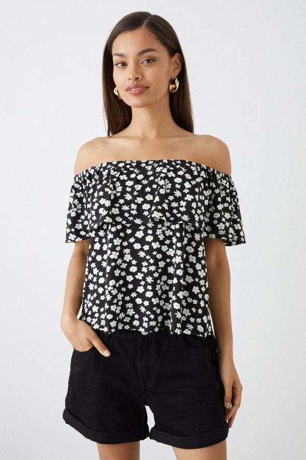 Womens Petite Double Layer Printed Bardot Top