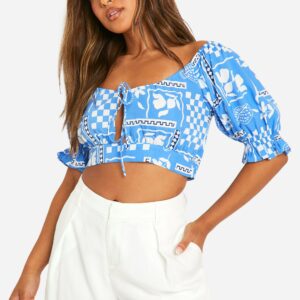 Womens Petite Printed Puff Sleeve Top - Blue - 16, Blue