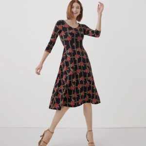 Women's Plaid Floral Fit & Flare Midi Party Dress XS