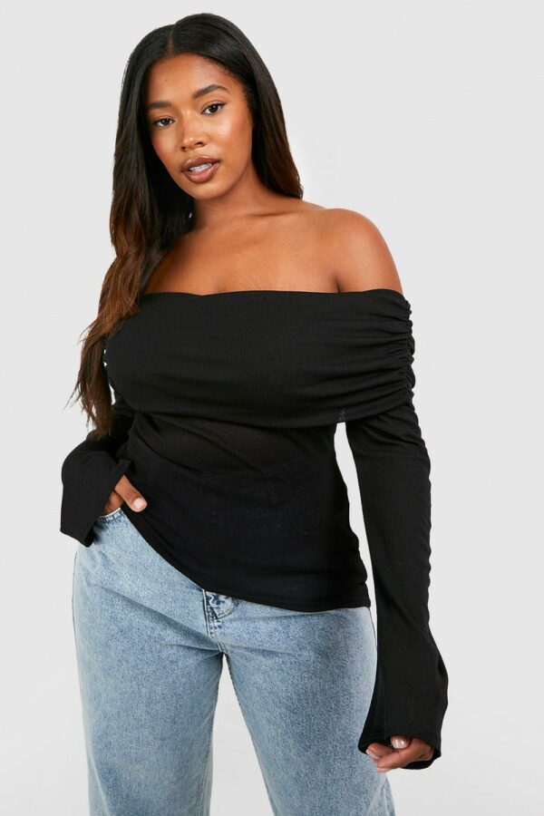 Womens Plus Bardot Ruched Flare Sleeve Top - Black - 16, Black