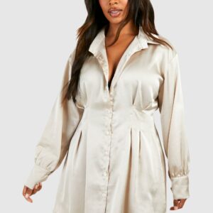 Womens Plus Cinched Waist Loose Satin Shirt Dress - Beige - 16, Beige