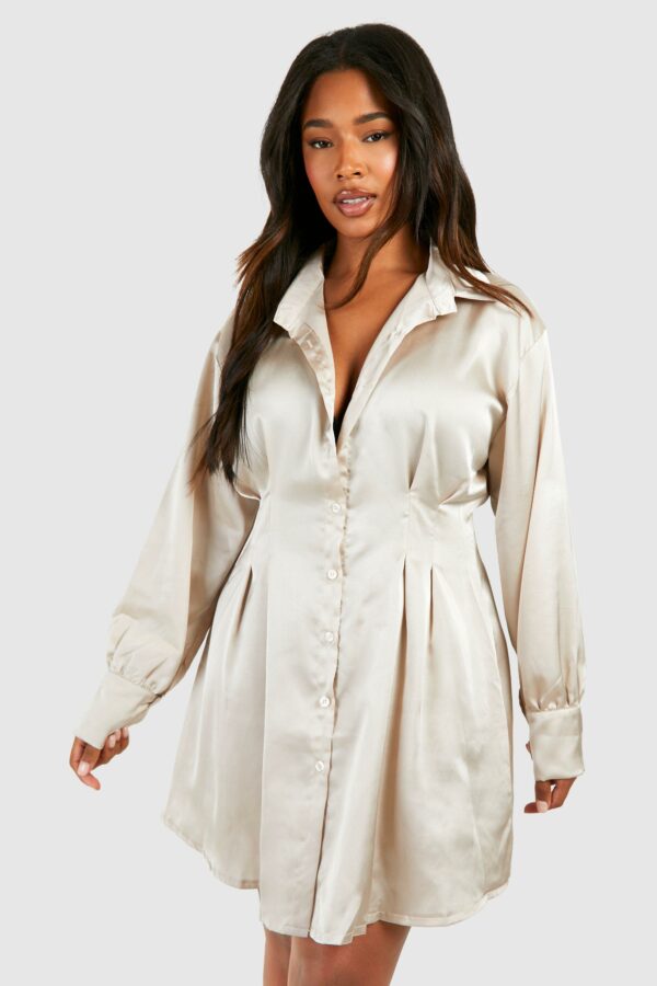 Womens Plus Cinched Waist Loose Satin Shirt Dress - Beige - 16, Beige