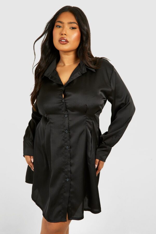 Womens Plus Cinched Waist Loose Satin Shirt Dress - Black - 18, Black