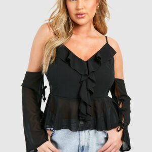 Womens Plus Cold Shoulder Ruffle Peplum Top - Black - 16, Black