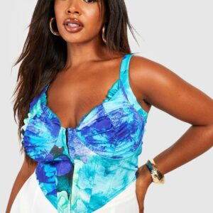 Womens Plus Hook And Eye Printed Corset Top - Blue - 22, Blue