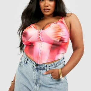 Womens Plus Hook And Eye Printed Corset Top - Pink - 16, Pink