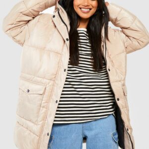 Womens Pocket Detail Hooded Puffer Jacket - Beige - 12, Beige