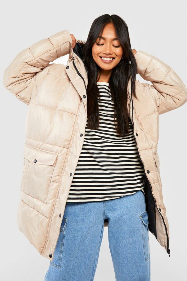 Womens Pocket Detail Hooded Puffer Jacket - Beige - 12, Beige