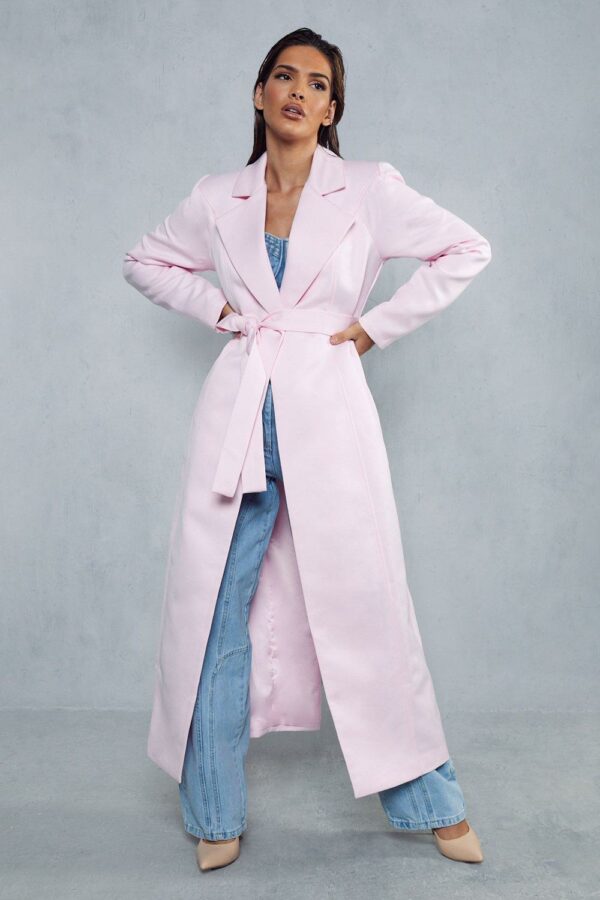 Womens Premium Satin Cinched Waist Trench Coat - pink - 8, Pink